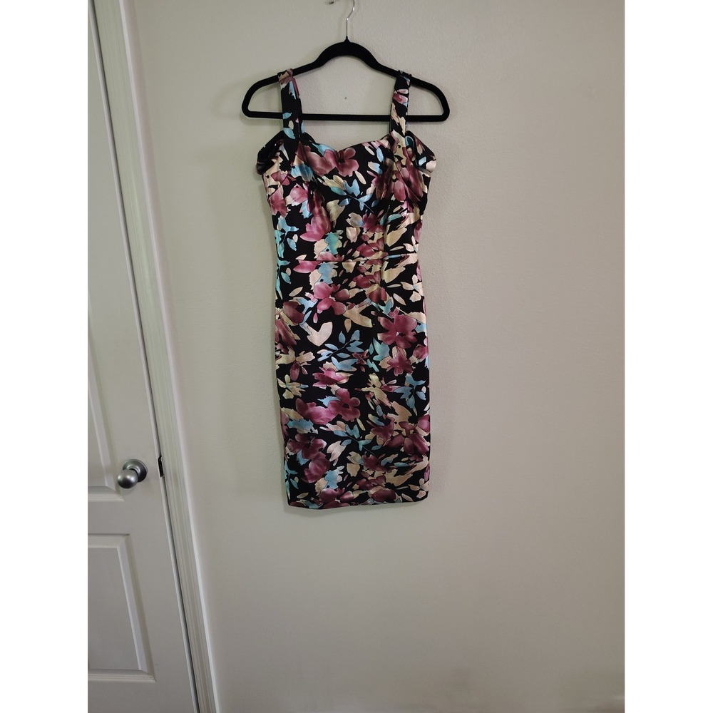 Beige by ECI Floral Sheath Dress Black Plum Teal Sweetheart Neckline Size 4